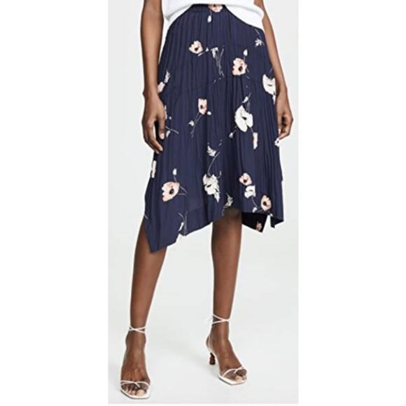 VINCE Tossed Poppy Pleated Floral Midi Knee Length Skirt in Marine - Picture 15 of 15